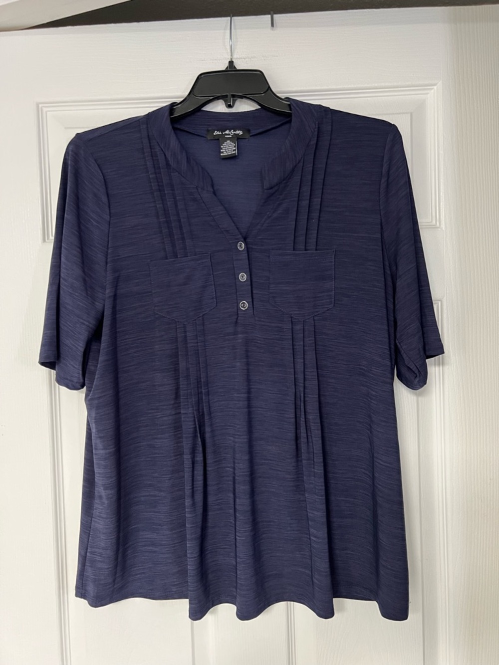 Liz Claiborne Navy Short-Sleeve Pleated Henley Top